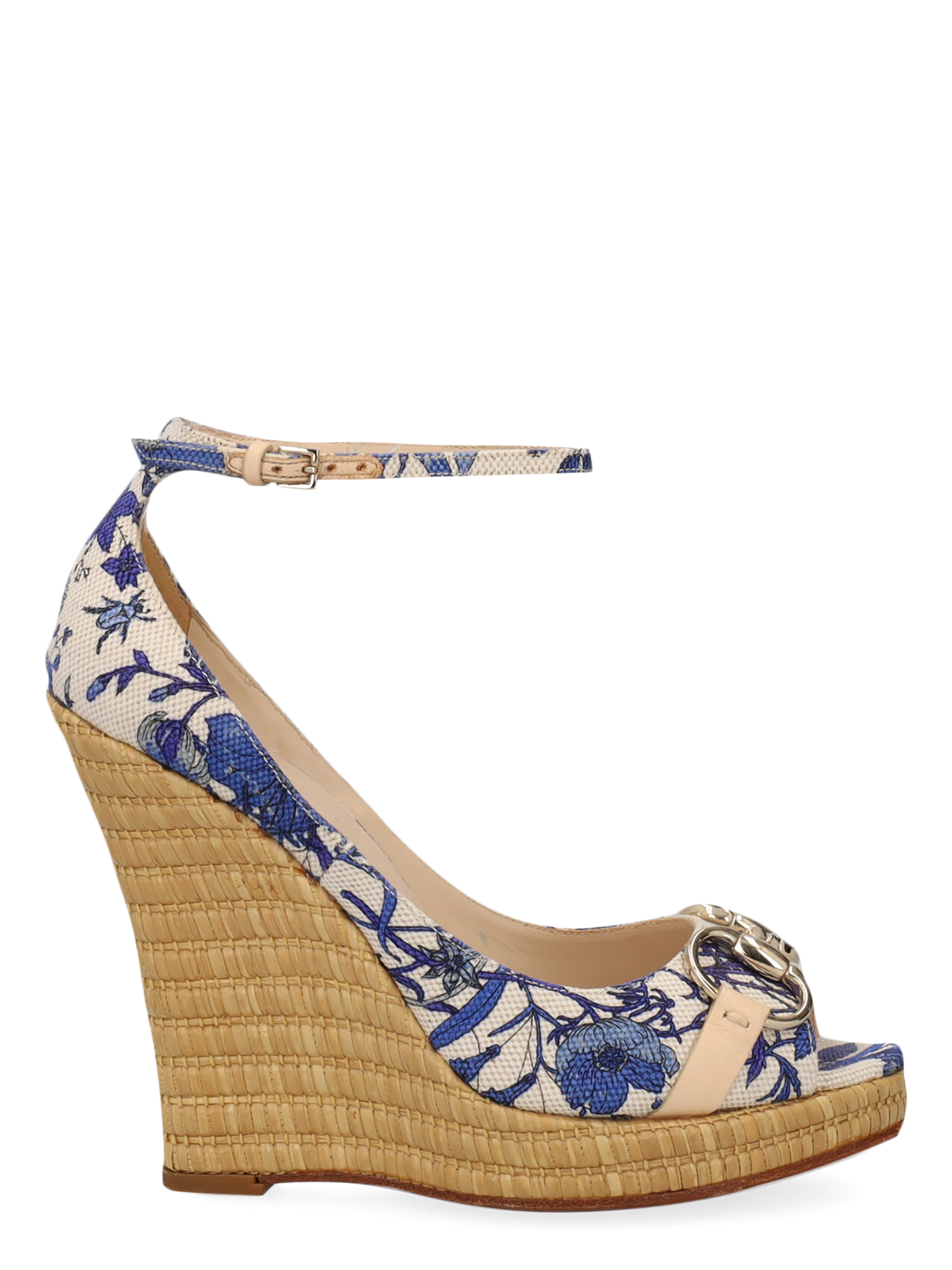 Pre-owned Gucci Women's Wedges -  - In Navy, White Fabric