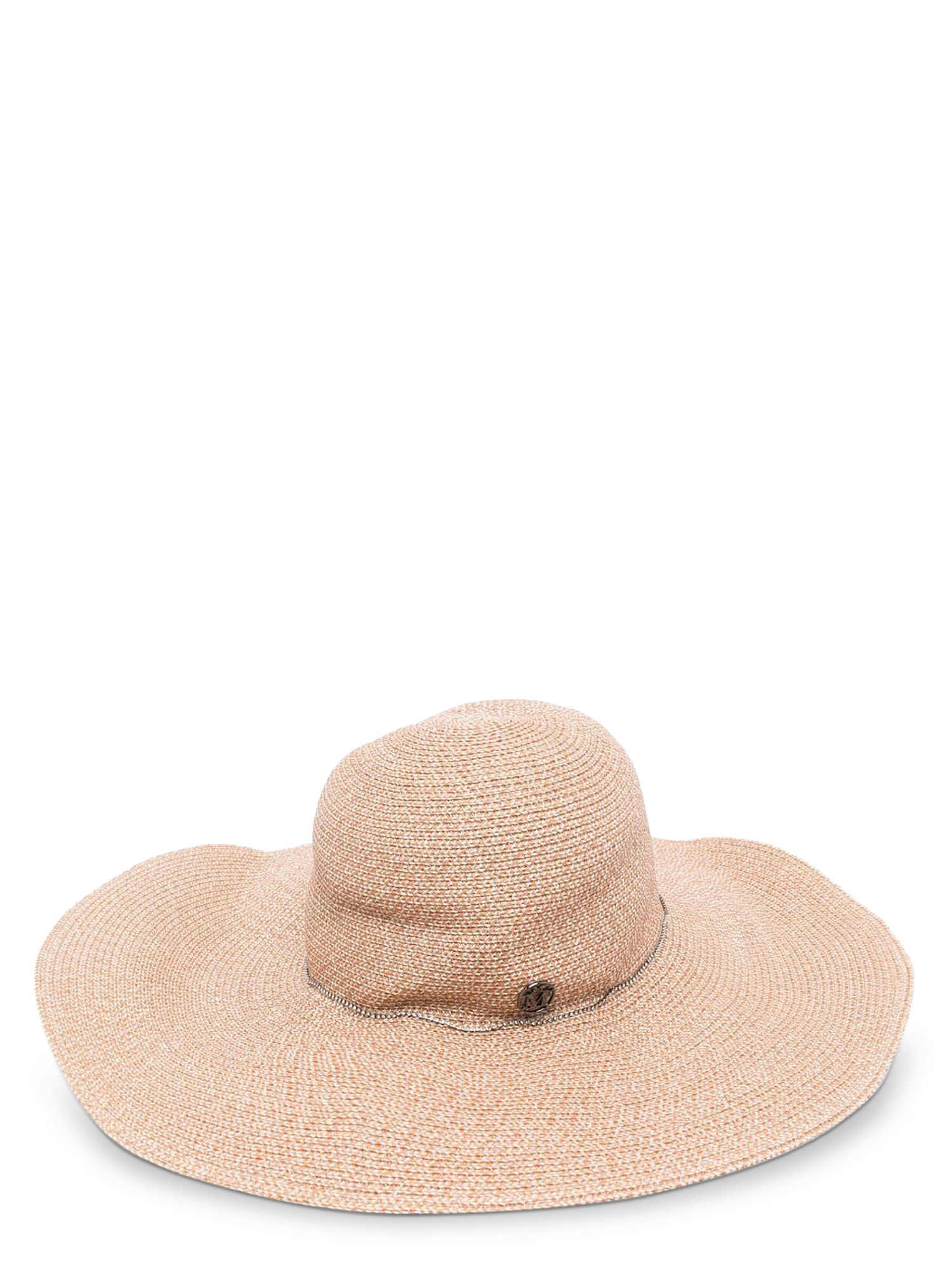 Condition: New With Tag, logo-plaque straw capeline hat from MAISON MICHEL featuring beige, interwoven design, silver-tone logo plaque, chain-link detailing, wide brim and hemp straw.